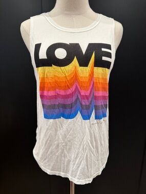Spiritual Gangster White Tank Top with Rainbow LOVE Graphic Small 🌈